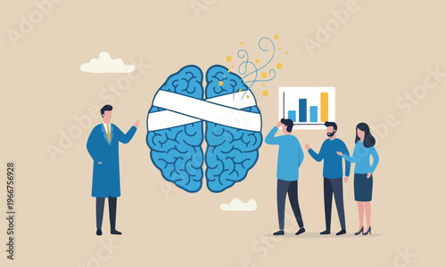 meeting psychotherapy, heal stress disease, mental wellbeing concept, doctor analyze cured mental illness brain with bandage