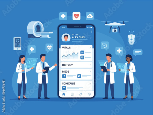 Illustration of healthcare professionals using a mobile app for patient data management and remote monitoring with medical technology.