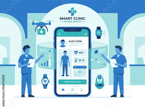 Illustration of a smart clinic concept with medical professionals, a smartphone displaying patient health data, and various smart healthcare devices like drones and smartwatches.
