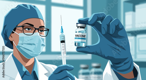 Medical professional holding vaccine and syringe in modern clinic setting