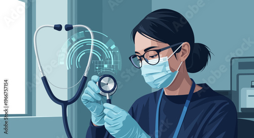 Healthcare professional with stethoscope and digital interface in modern medical setting