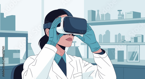 Scientist in laboratory using virtual reality headset for innovative research and experiments