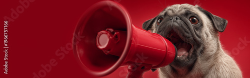 Portrait of a Hyper Realistic Pug Dog Barking Through Red Megaphone on Red Background with Copy Space. Funny Animal Shouting Announcement Concept with Copy Space. Generative Ai.