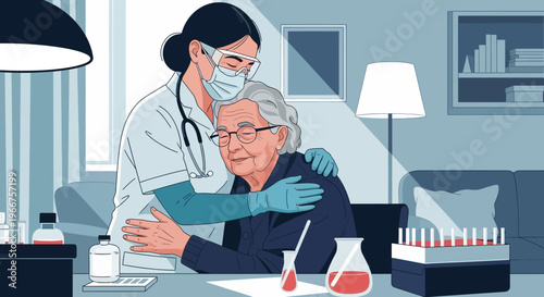 Healthcare professional comforting elderly patient in medical setting