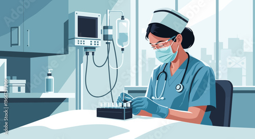 Nurse in modern hospital room administering medical tests with precision