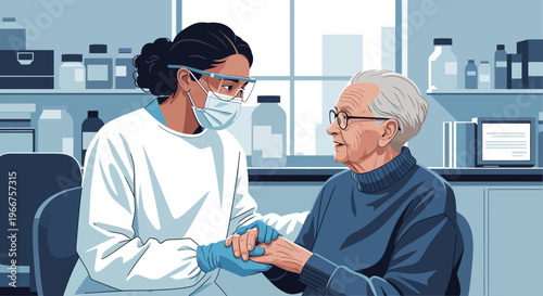Healthcare worker assisting elderly patient in medical lab setting