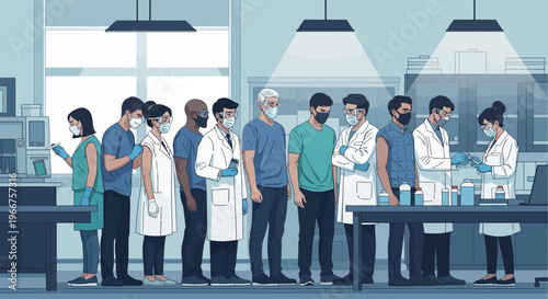 Healthcare workers in modern laboratory setting wearing masks