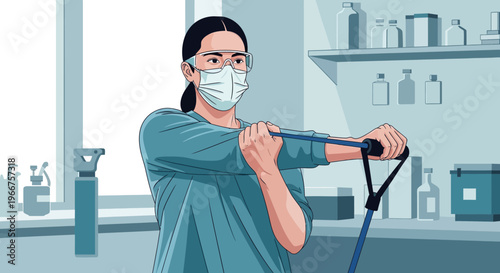 Woman exercising with resistance band in medical setting