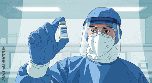 Doctor in protective gear examining vaccine vial in medical laboratory setting
