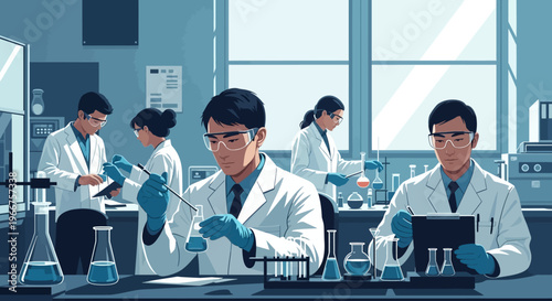 Busy science lab with researchers conducting experiments in a modern facility