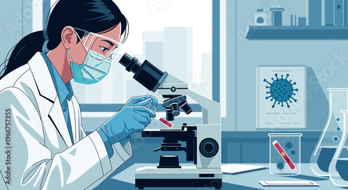 Scientist conducting research with microscope in laboratory setting