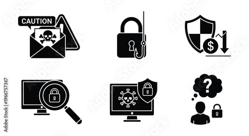 Cybersecurity warning signs and icons depicting various digital threats