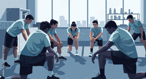 Team warm-up routine: group of athletes stretching in modern gym setting