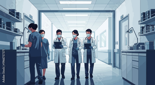 Medical team walking down hospital corridor in surgical masks