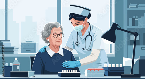 Compassionate nurse assisting elderly patient in modern medical office