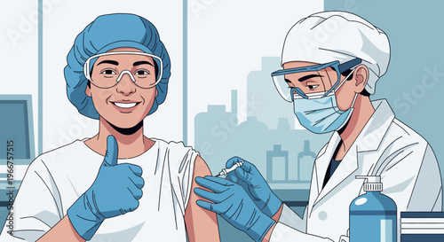 Healthcare professionals administering vaccine in medical setting with positive interaction