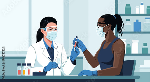 Healthcare professional consulting patient for blood test sample analysis in modern medical laboratory