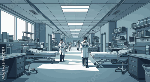 Modern hospital ward with medical staff in uniform walking and discussing patient care