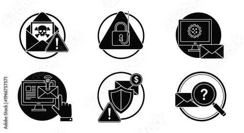 Cybersecurity warning signs and icons depicting various digital threats
