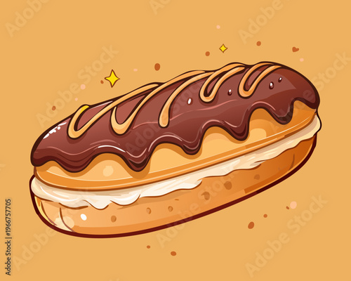 Long chocolate glazed eclair pastry with delicious cream filling and sweet drizzle for bakery menu design - Vector Illustration