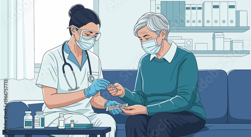 Healthcare professional assisting elderly patient with medication at home