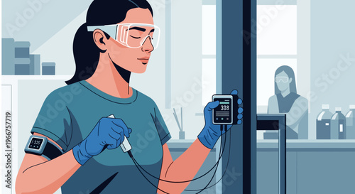 Modern healthcare: woman using advanced glucose monitoring devices in a clinical setting