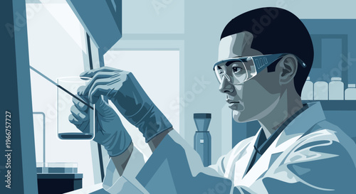 Scientist conducting laboratory experiment in stylized blue tone art