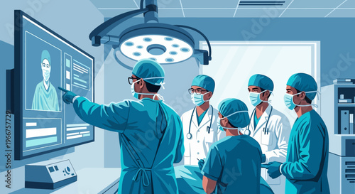 Modern surgical team in operating room collaborating with advanced technology