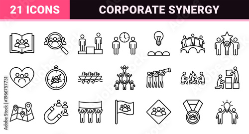 Minimalist Teamwork and Business Collaboration Line Icons Featuring Geometric Corporate Synergy and Management Outlines for Digital Design.