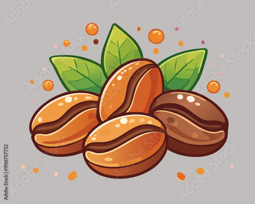 Group of three organic roasted coffee beans with fresh green leaves representing high quality natural beverage ingredients - Vector Illustration