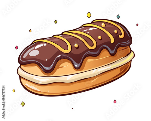 Delicious chocolate eclair with golden crust and dark cocoa topping for sweet dessert shop branding materials - Vector Illustration