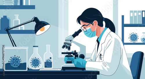 Flat design scientist in lab with microscope analyzing viruses