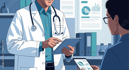 Doctor and patient discussing data on tablets in medical office