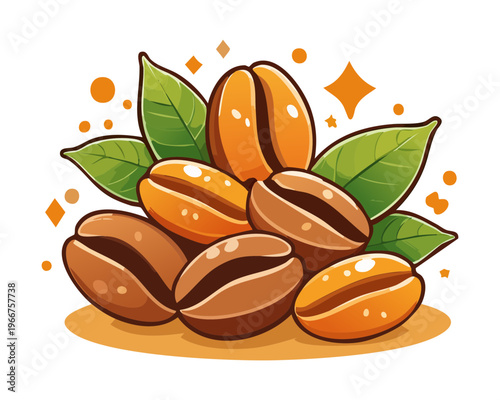 Roasted coffee beans surrounded by fresh green tea leaves for natural energy and morning beverage concept art - Vector Illustration