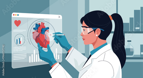 Medical researcher analyzing heart data on digital screen in laboratory setting