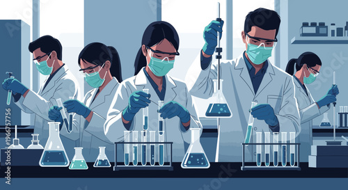 Team of scientists conducting research in a modern laboratory environment