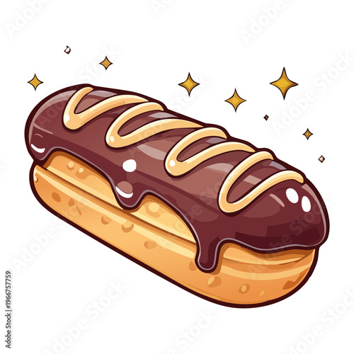 Sweet chocolate filled eclair pastry with sparkling sugar decorations for delicious bakery shop advertisements and posters - Vector Illustration