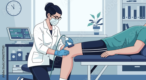 Physical therapy session with a healthcare professional using ultrasound equipment in a modern clinic