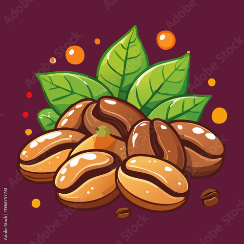 Handful of whole roasted coffee beans with green leaves for natural espresso blend and organic beverage marketing - Vector Illustration