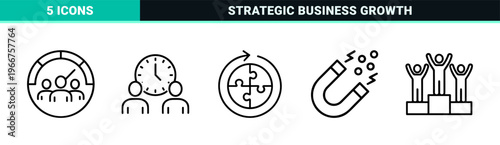 Corporate Teamwork and Business Synergy Thin Line Icons Featuring Collaborative Leadership Strategic Meeting and Organizational Workflow Symbols