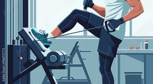 Fitness training at the gym: man exercising with leg extension machine in modern workout space