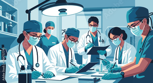 Medical team in surgery room performing operation in modern flat style