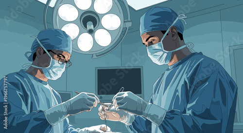 Doctors performing surgery in operating room with modern lighting