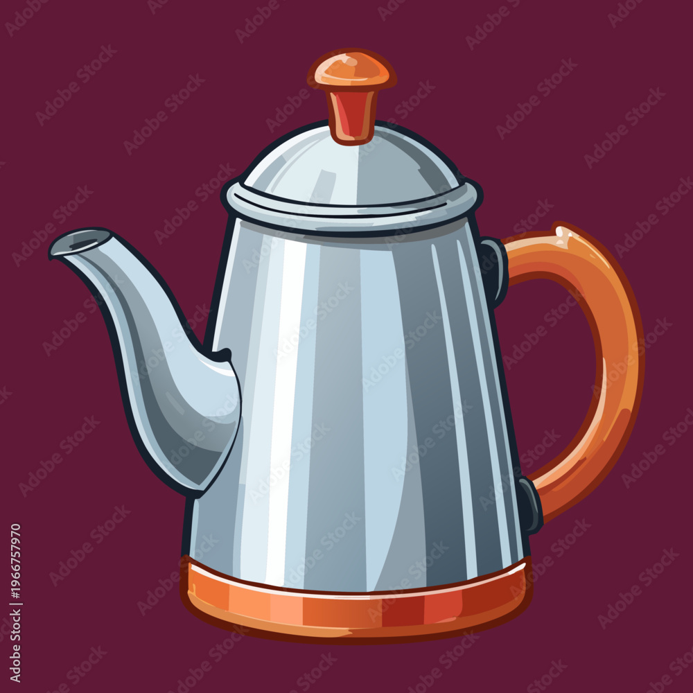 Fototapeta premium Metal coffee pot with handle for traditional brewing and morning beverage preparation in classic kitchen or cafe - Vector Illustration
