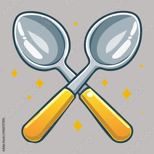 Pair of crossed silver spoons for dining room decor and restaurant menu icons representing culinary tools and service - Vector Illustration