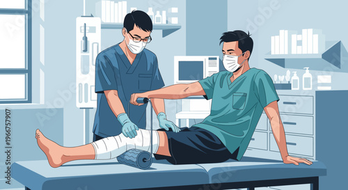Medical rehabilitation scene with physical therapist applying bandage in modern clinic