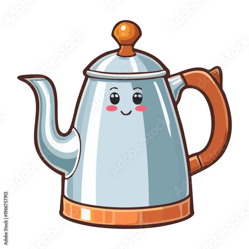 Cute smiling silver kettle character with blue accents for fun morning tea or coffee brewing kitchen mascot - Vector Illustration