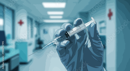 Hand holding syringe in hospital setting with gloved detail