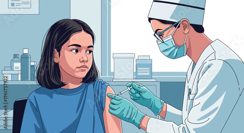 Child receiving vaccine in medical clinic with doctor in protective gear