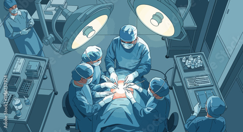 Team of surgeons performing surgery under bright operating room lights